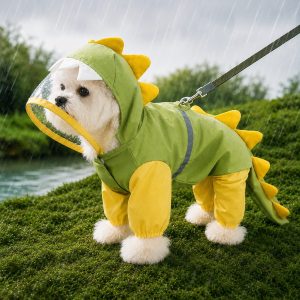 Dinosaur Dog Raincoat with Clear Visor Hood – Full-Body Waterproof Pet Suit for Rain, Mud & Outdoor Walks