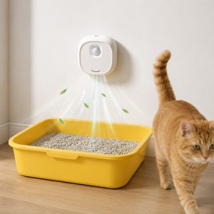 Smart cat litter box deodorizer mounted near a litter box for fresher everyday odor control.