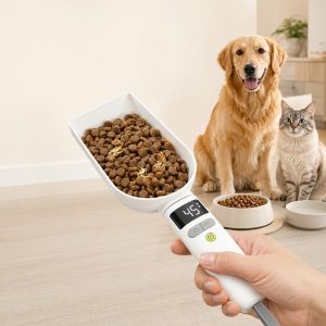 Digital pet food measuring spoon weighing dry food for cats and dogs.