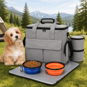 Pet Travel Bag for Dogs & Cats – Weekend Road Trip Organizer with Collapsible Bowls, Food Storage, Pockets & Luggage Sleeve