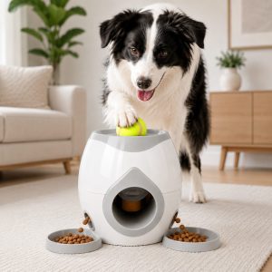 Ball-Activated Dog Puzzle Feeder for Indoor Play & Slow Eating - Interactive Treat Dispenser Toy with Tennis Balls, Side Trays & Scoop