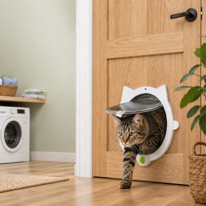4-Way Locking Interior Cat Door for Litter Box Cabinets & Rooms - Private Access Without Door Scratching