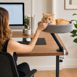 Desk Mounted Cat Bed Perch for Home Office - Space Saving Elevated Cat Lounger with Soft Breathable Fabric for Cats to Relax Beside Your Workspace