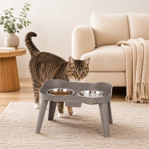 Elevated Pet Feeder with Spill Guard for Cats & Dogs - Raised Dual Stainless Steel Bowls for Cleaner Floors