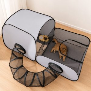 Indoor Cat Playpen with Tunnel & Resting Tent for Safe Home Play - 3-Zone Enclosure for Cats & Kittens