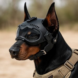 K9 tactical-style dog helmet with goggles for outdoor training