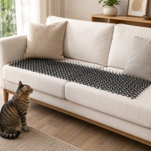 Modular cat deterrent mats on a sofa to help discourage scratching and lounging