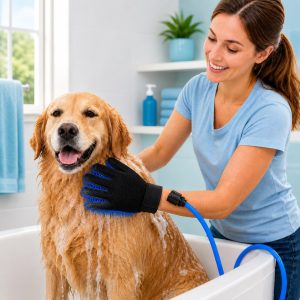 Pet Bathing Glove with Hose for Bathtub & Backyard Washes - One-Hand Water Flow Grooming Glove