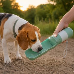 Mint green portable dog water bottle with foldable drinking bowl and LED light
