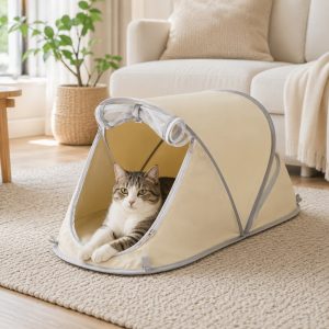 Cream beige portable foldable pet tent for cats and small dogs