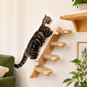 Wall-Mounted Solid Wood Cat Steps for Shelves & Perches - Space-Saving Jute Climbing Ladder