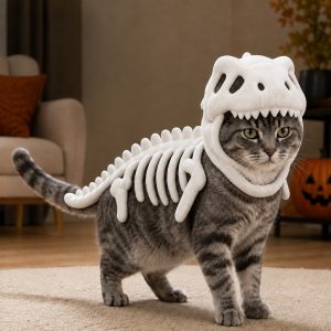 Plush Dinosaur Skeleton Pet Costume for Cats & Dogs - Face-Open Halloween Outfit for Parties & Photos