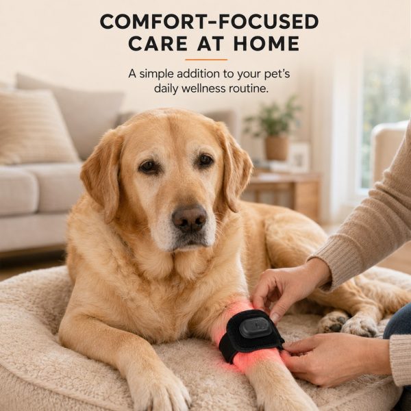 Dog wearing rechargeable red light leg wrap during supervised at-home routine