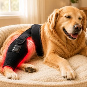 Red light therapy leg brace for dogs, suitable for senior and active dogs, provides comfort and support for hind legs during activity.