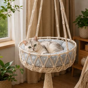 Macrame Hanging Cat Hammock Bed with Cushion - Space-Saving Indoor Cat Swing for Small Apartments