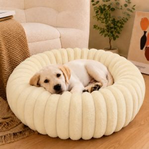Plush Donut Dog & Cat Bed with Raised Rim - Cozy Ribbed Lounger for Naps & Everyday Rest