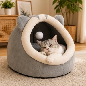 Semi-Enclosed Plush Pet Bed for Cats & Small Dogs - Cozy Indoor Hideaway for Rest